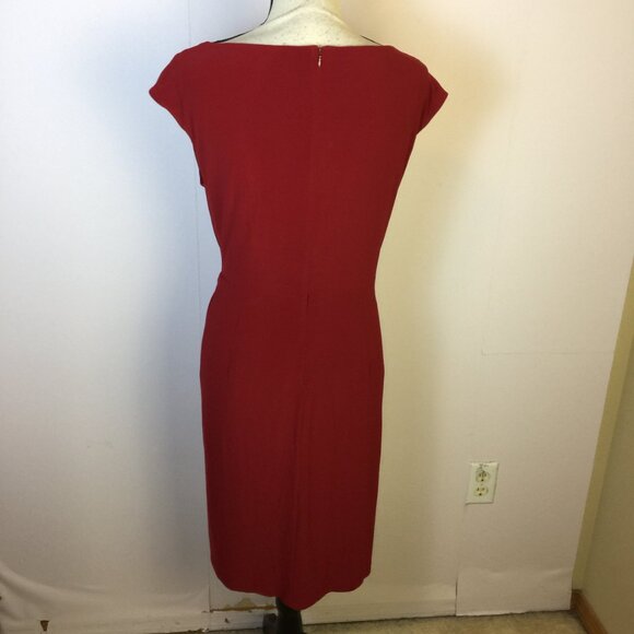 Jones New York Sheath Dress Sz 8 Womans Red Knit Short Cap Sleeve Flower Ruched - Picture 3 of 13
